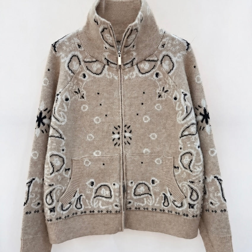 Beige Paisley Bandana Print Zip Up Cardigan