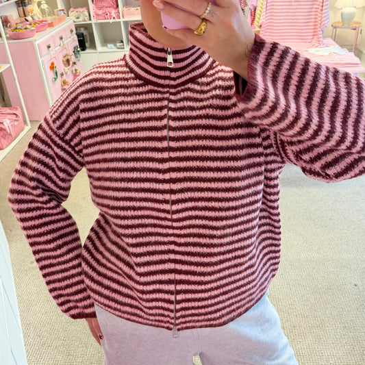 Burgundy & Pink Funnel Neck Zip Up Cardigan