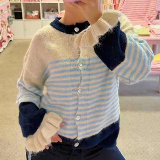 Blue & Beige Stripe Cardigan With Frilly Sleeves