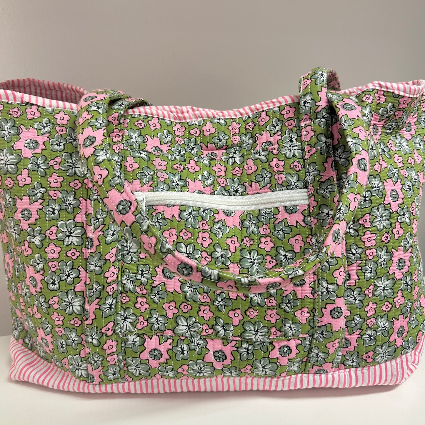 Green Cotton Printed Fabric Tote Bag With Fasten