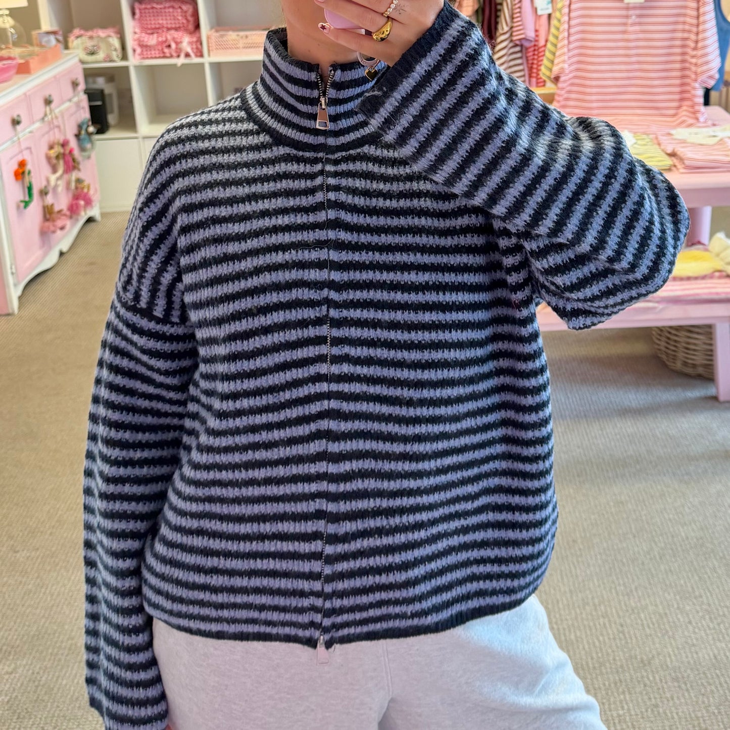 Blue Funnel Neck Zip Up Cardigan