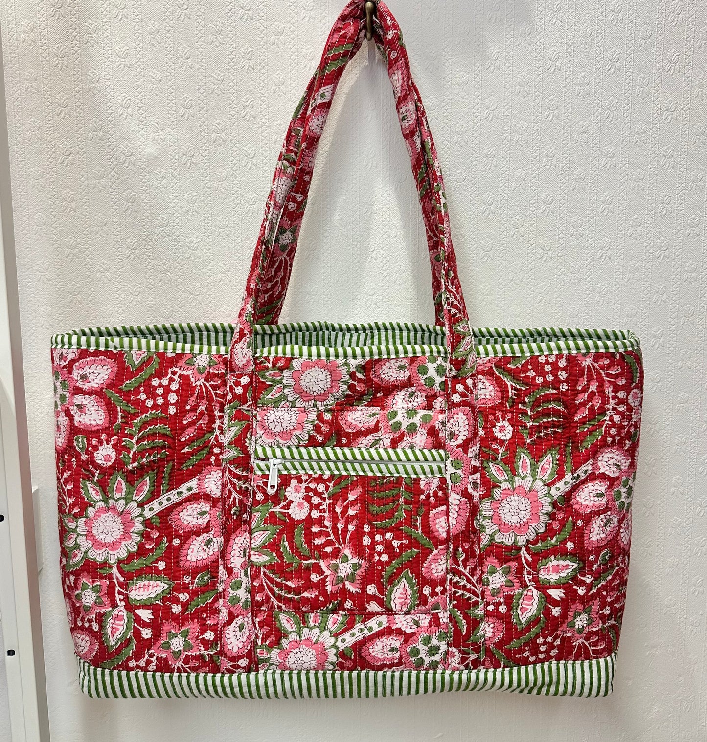 Red Cotton Printed Fabric Tote Bag With Fasten