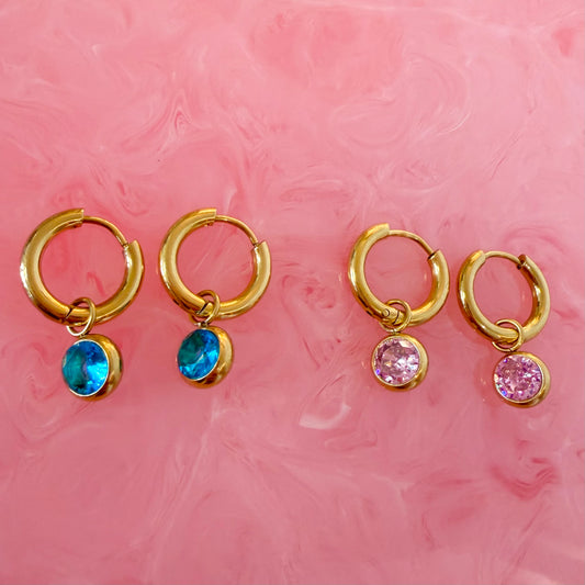 Crystal Stone Mini Hoop Earrings (Available In Turquoise Or Pink)