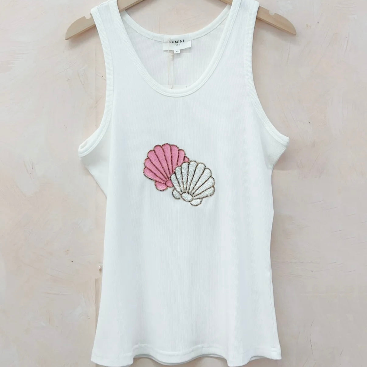 Hand Beaded Pink & White Seashell Ribbed Tank Top