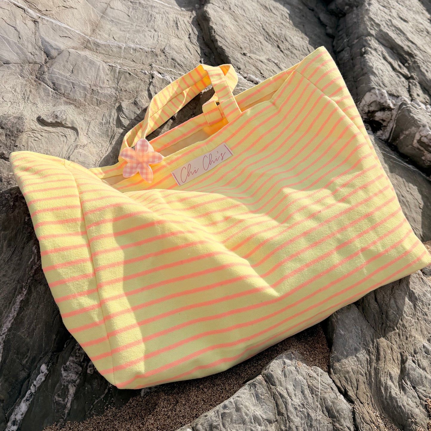 'Chi Chi's' Yellow & Pink Stripe Terry Cloth Large Tote Bag 💛
