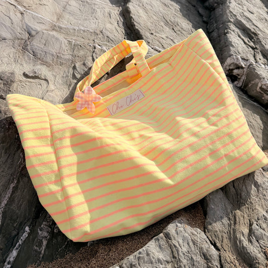 'Chi Chi's' Yellow & Pink Stripe Terry Cloth Large Tote Bag 💛