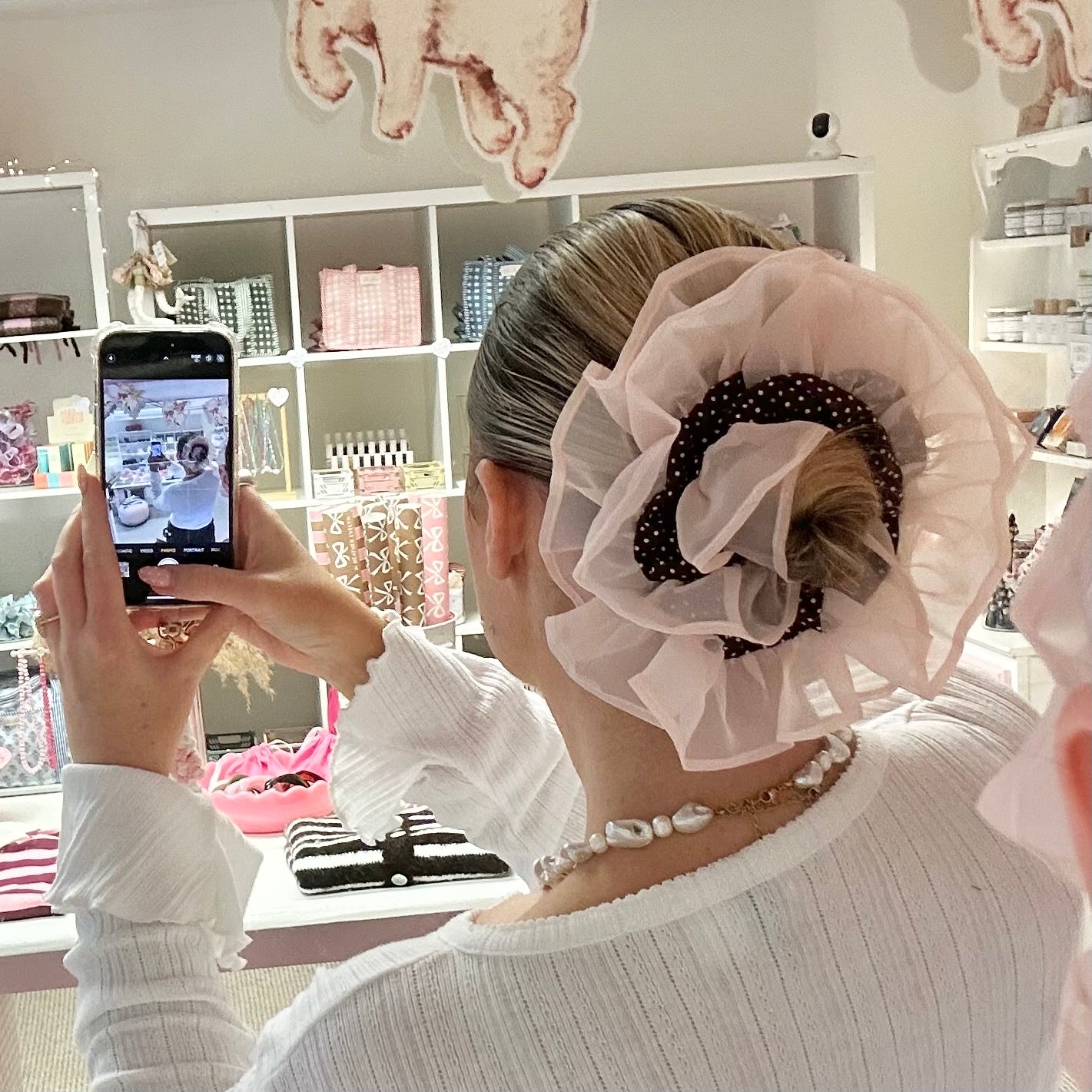 🤎NEW🤎 Brown Polka Dot & Pink Frilly Large Scrunchie