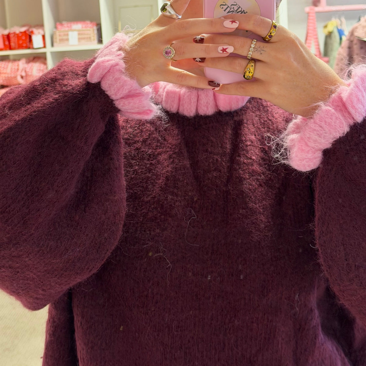 Pink & Bugrundy Frilly Collar & Sleeve Jumper