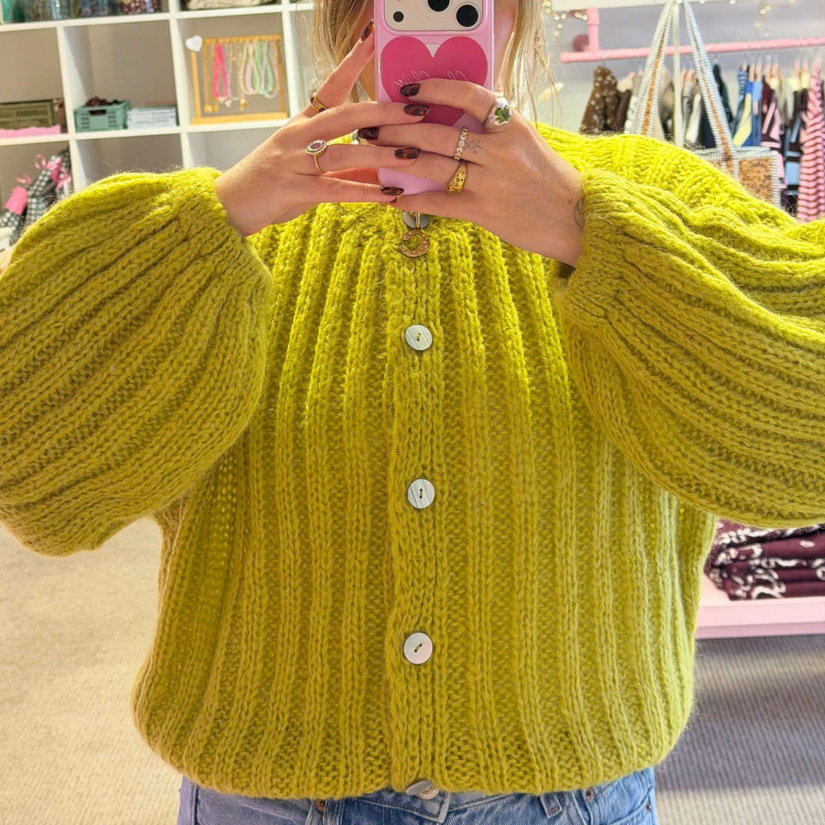 Olive Green Knitted Balloon Sleeve Cardigan
