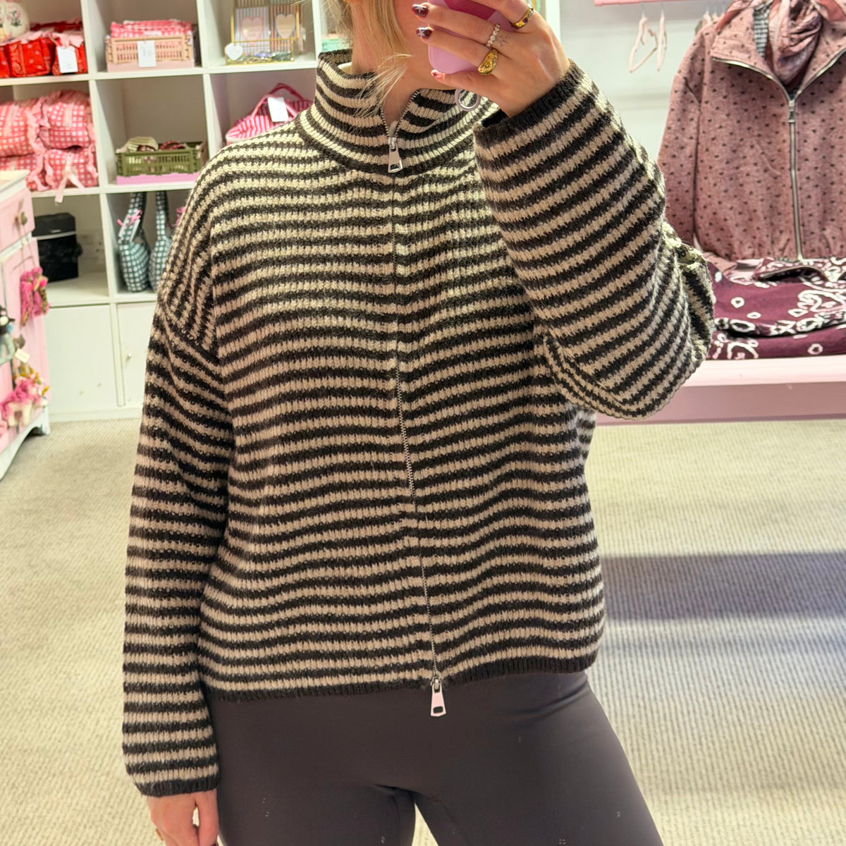 Brown & Beige Funnel Neck Zip Up Cardigan