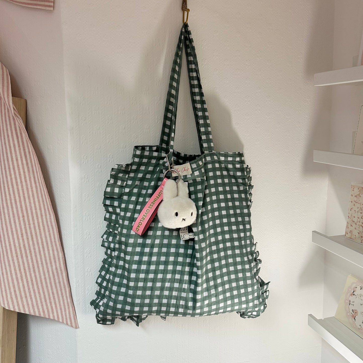 Green Gingham Frilly Cotton Tote Bag