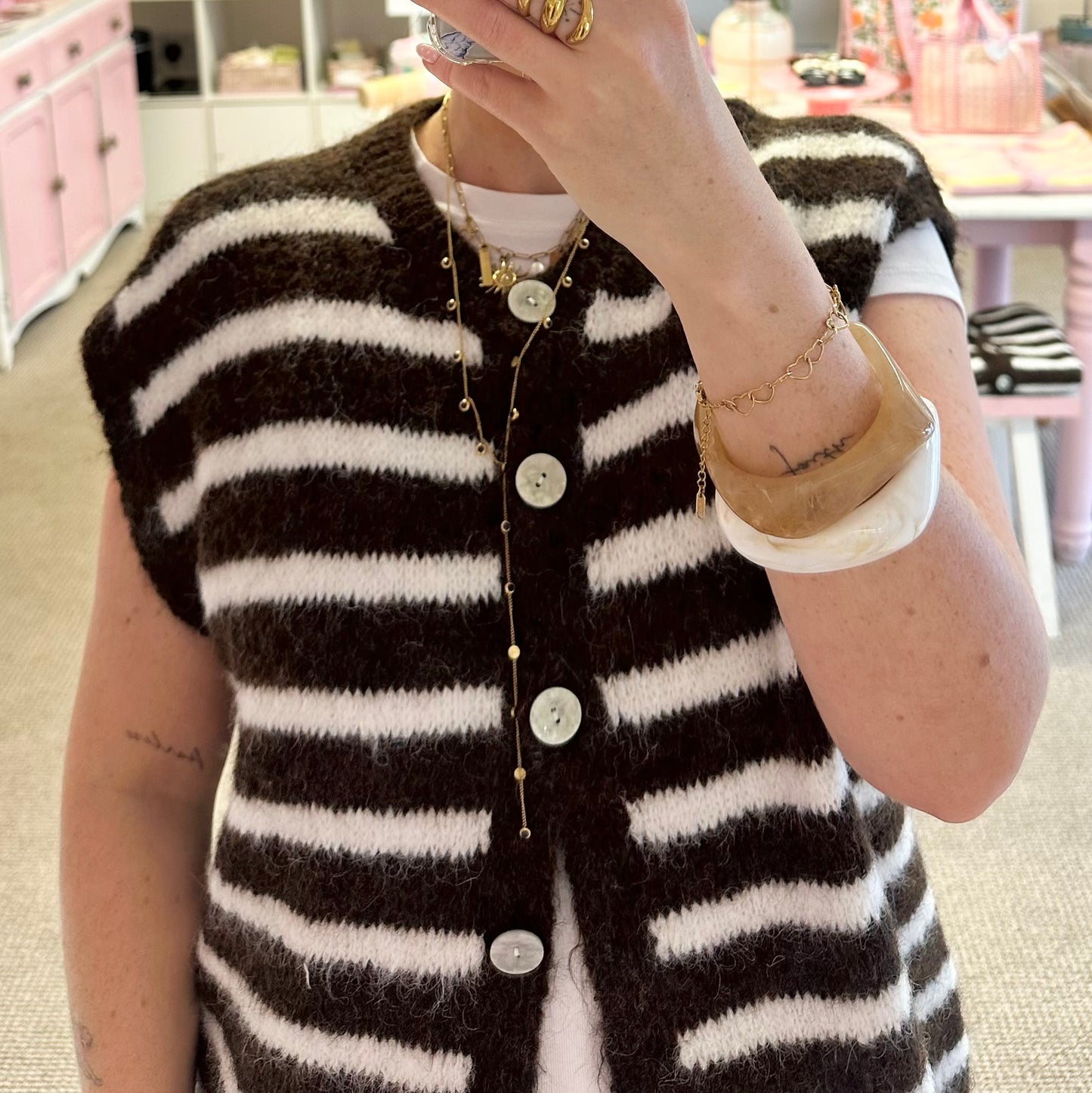 Mocha Brown Stripe Soft Short Sleeve Cardigan