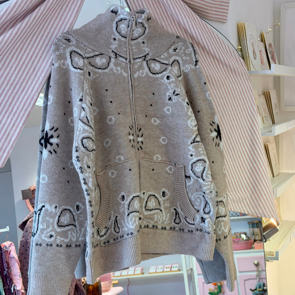 Beige Paisley Bandana Print Zip Up Cardigan