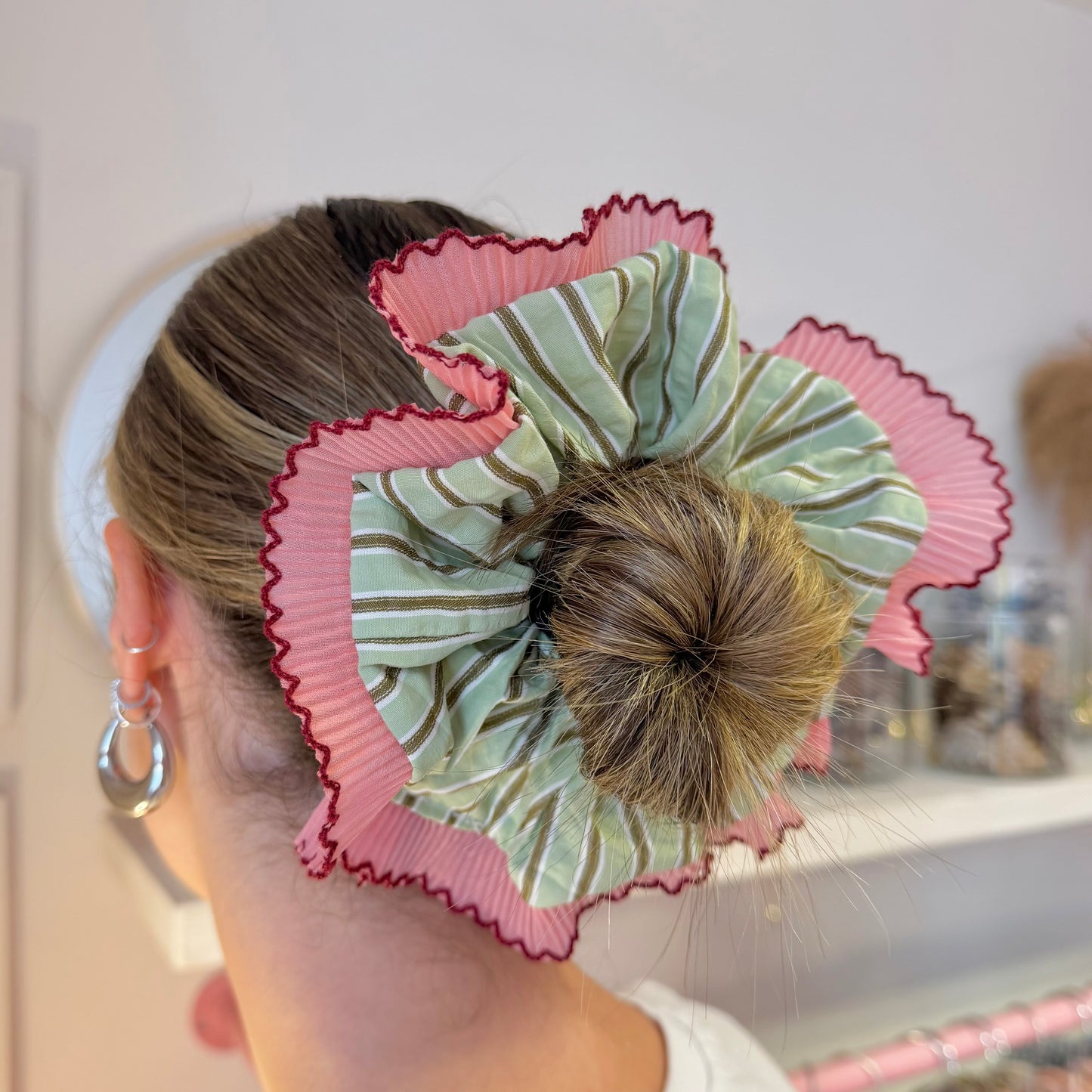 Frilly Green Stripe Scrunchie With Pink & Burgundy Trim