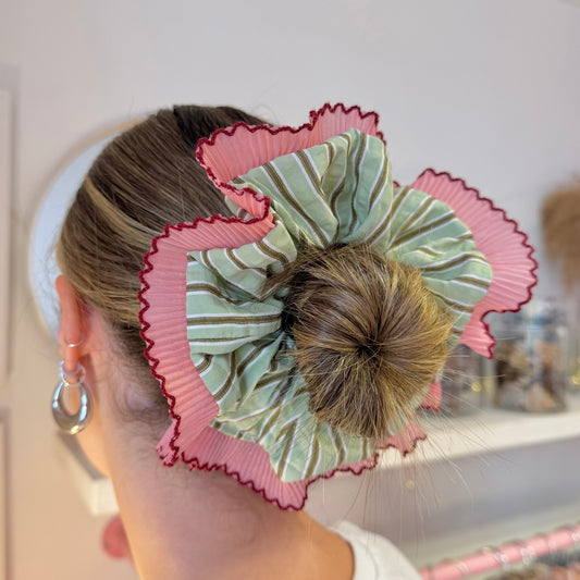 Frilly Green Stripe Scrunchie With Pink & Burgundy Trim
