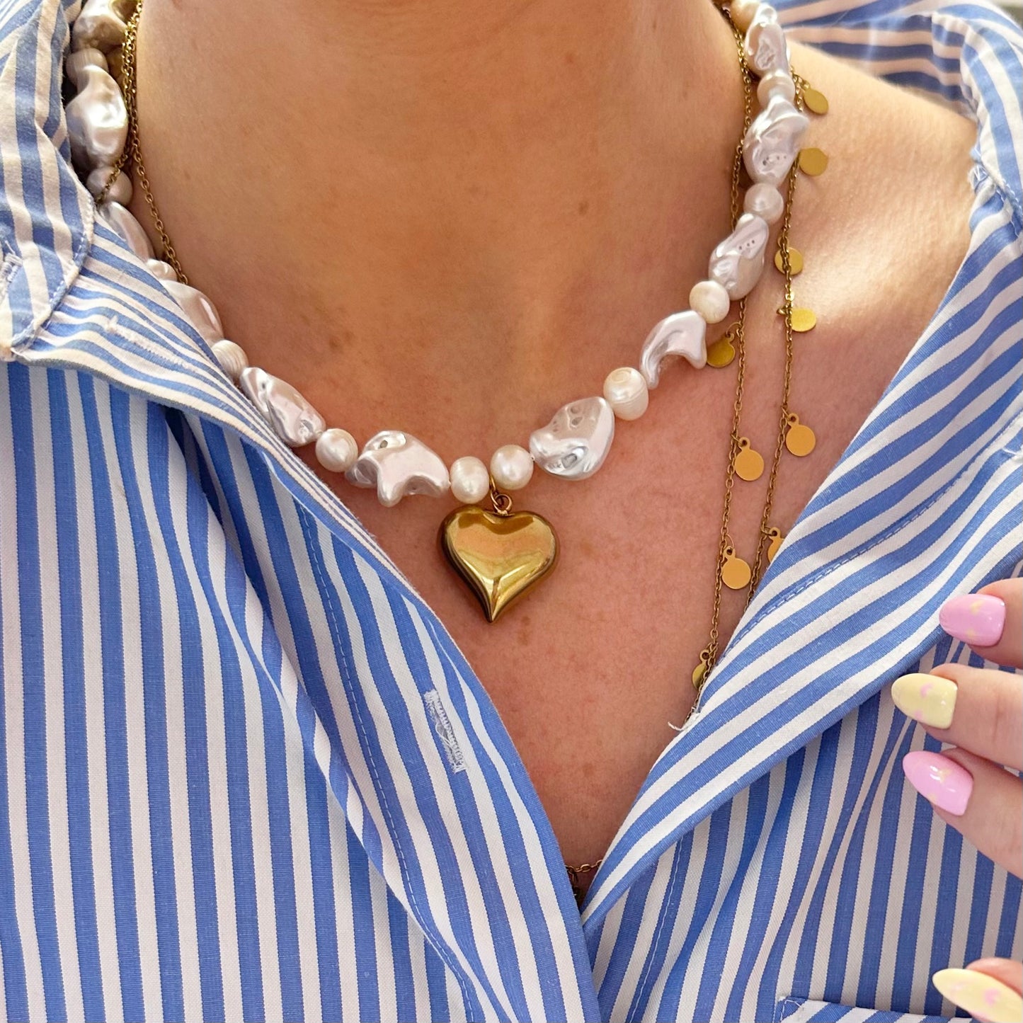 Pearl & Shell Bead Chunky Statement Necklace With Gold Heart