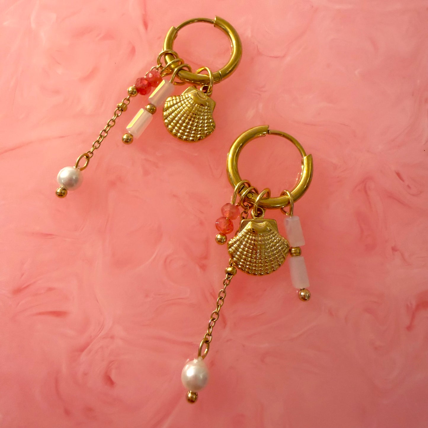 Seashell Pink Beaded Drop Charm Earrings
