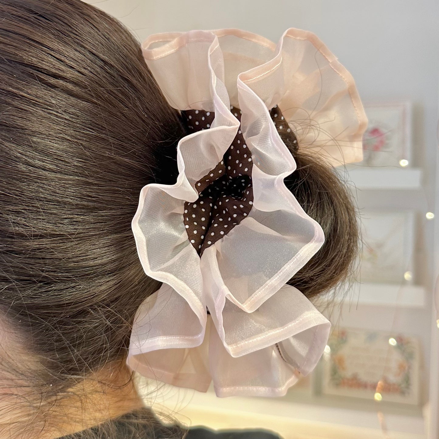 🤎NEW🤎 Brown Polka Dot & Pink Frilly Large Scrunchie