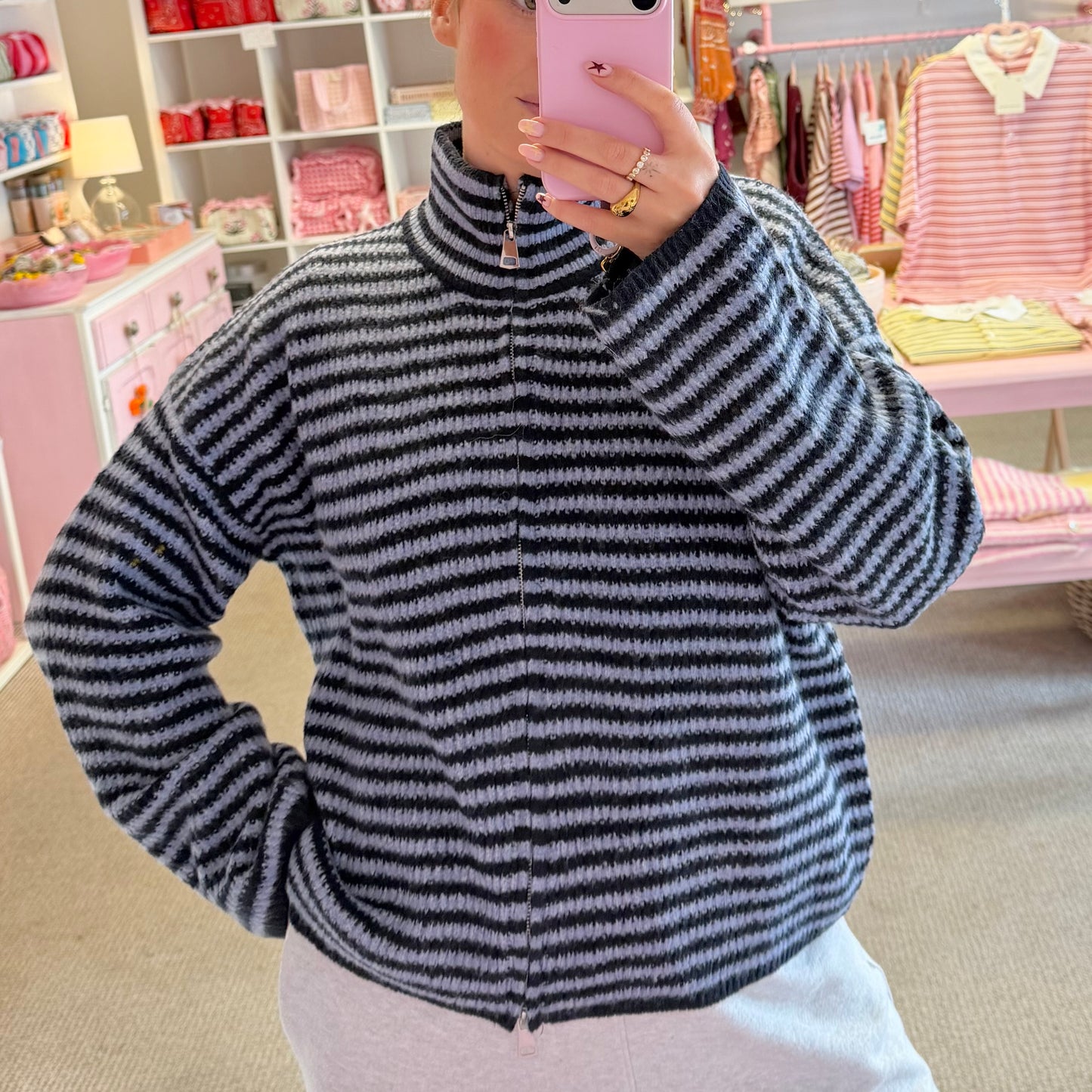 Blue Funnel Neck Zip Up Cardigan