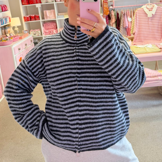 Blue Funnel Neck Zip Up Cardigan