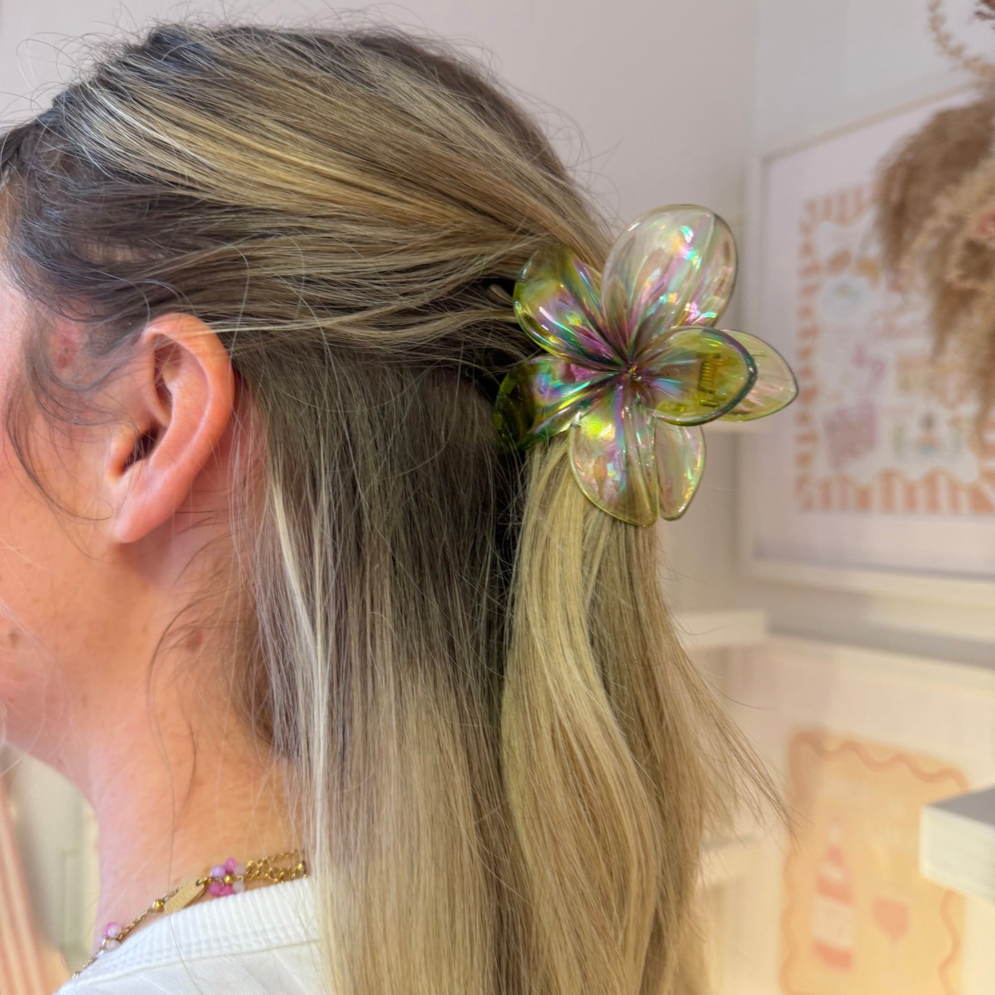Iridescent Green Ombré Flower Claw Clip