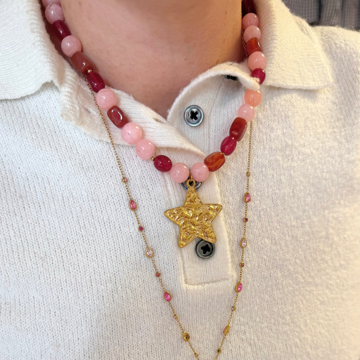 Red & Pink Mixed Bead Necklace With Waterproof Star Charm