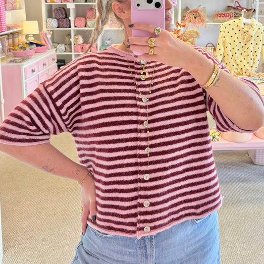 Burgundy & Pink Striped Short Sleeve Cardigan