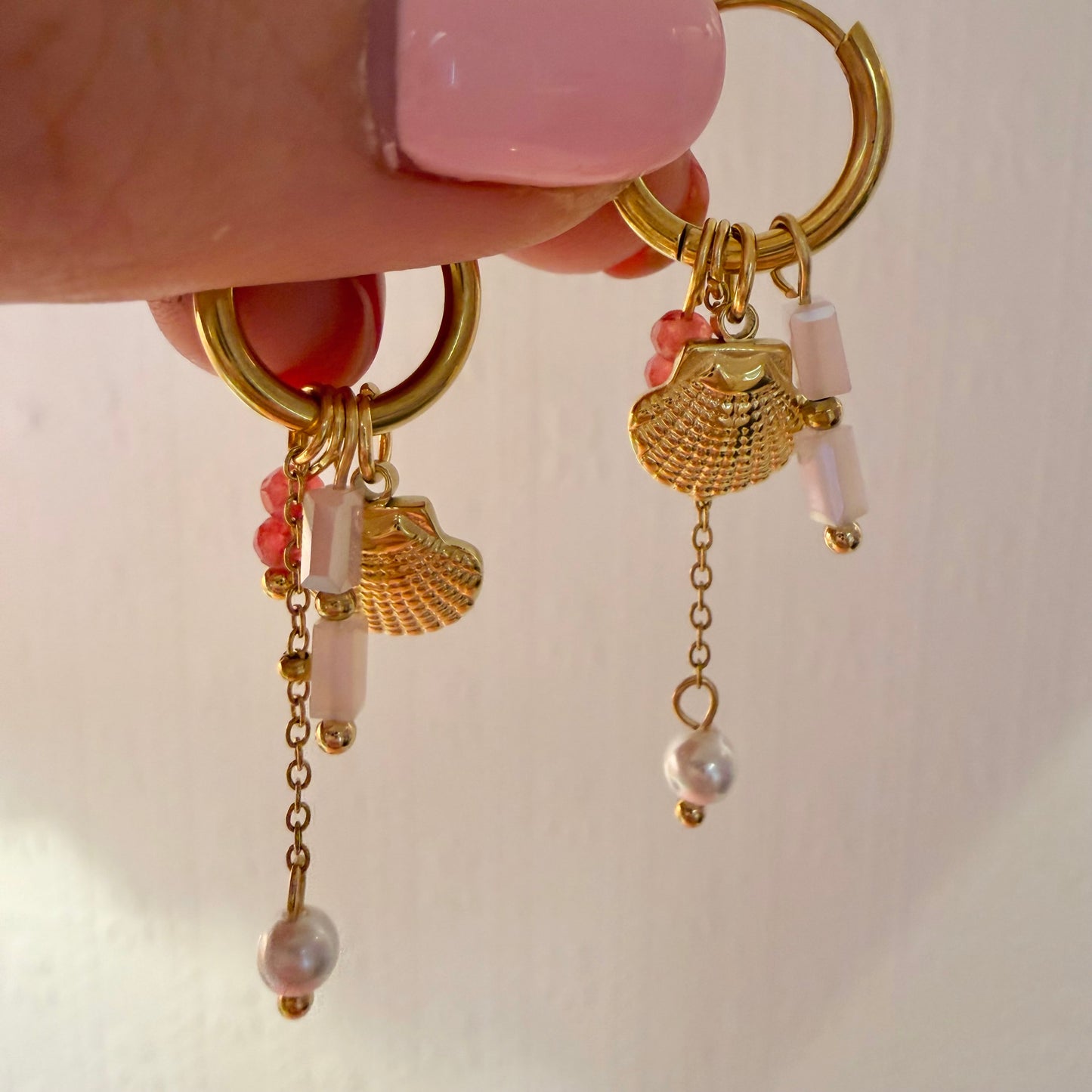 Seashell Pink Beaded Drop Charm Earrings
