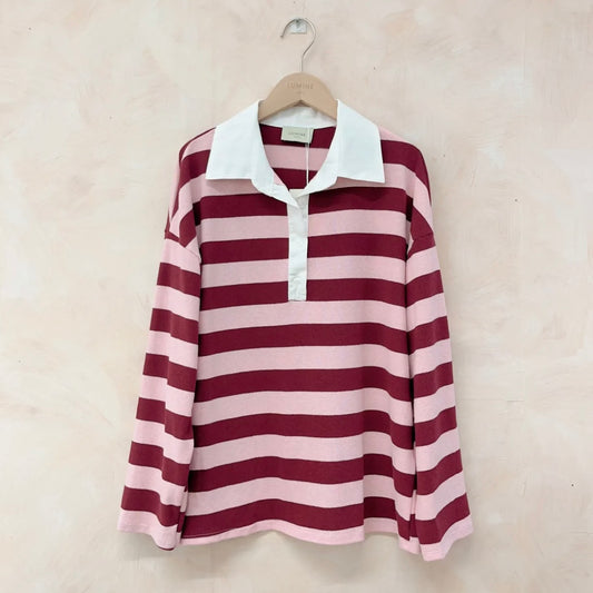 Pink & Burgundy Stripe Rugby Style T-Shirt (PRE-ORDER)