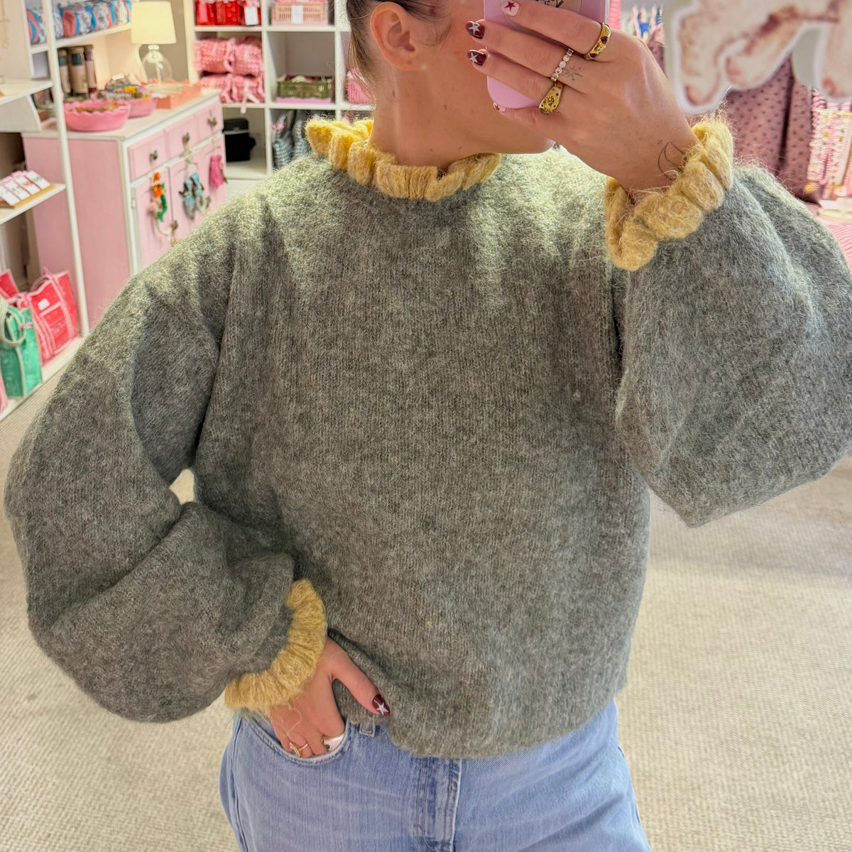 Olive Green Frilly Collar & Sleeve Jumper