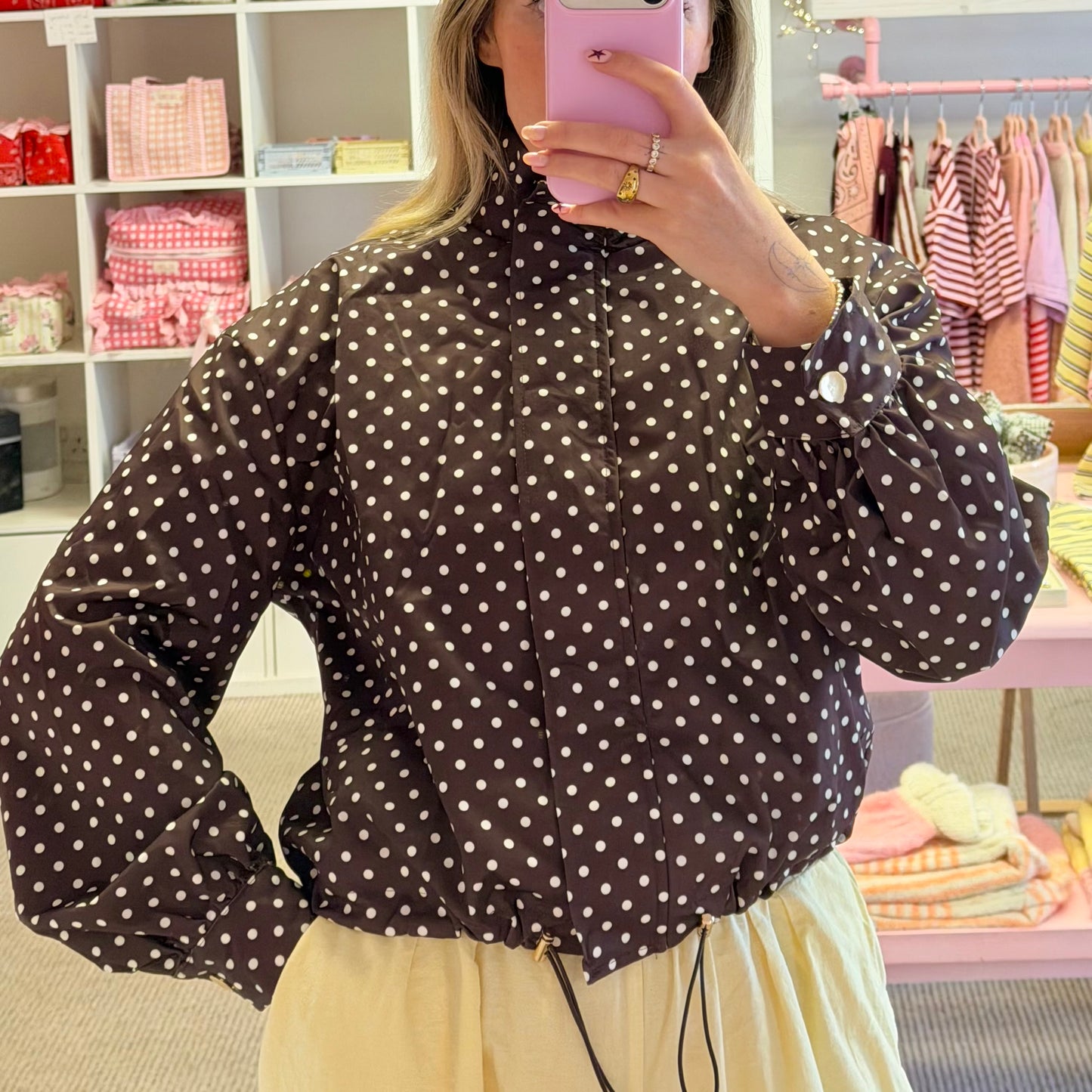 Brown Polka Dot High Neck Jacket