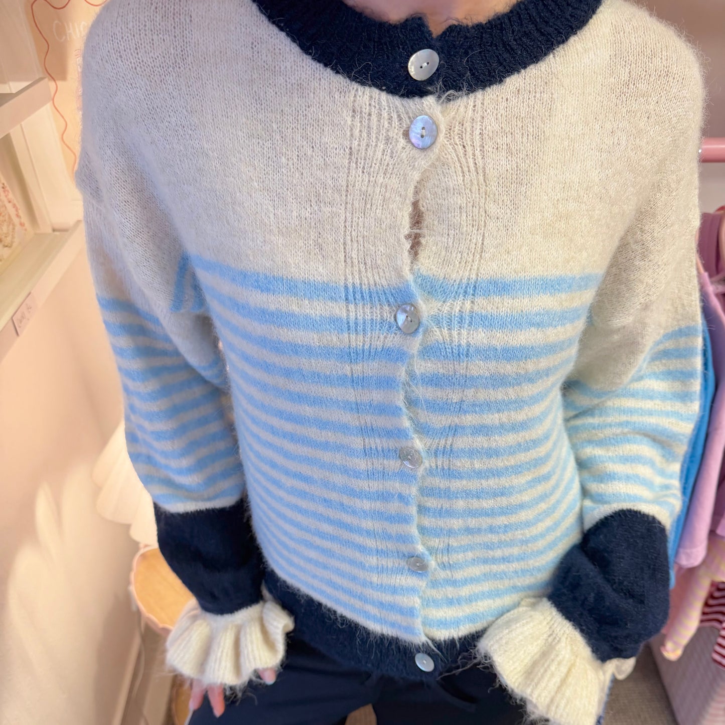 Blue & Beige Stripe Cardigan With Frilly Sleeves