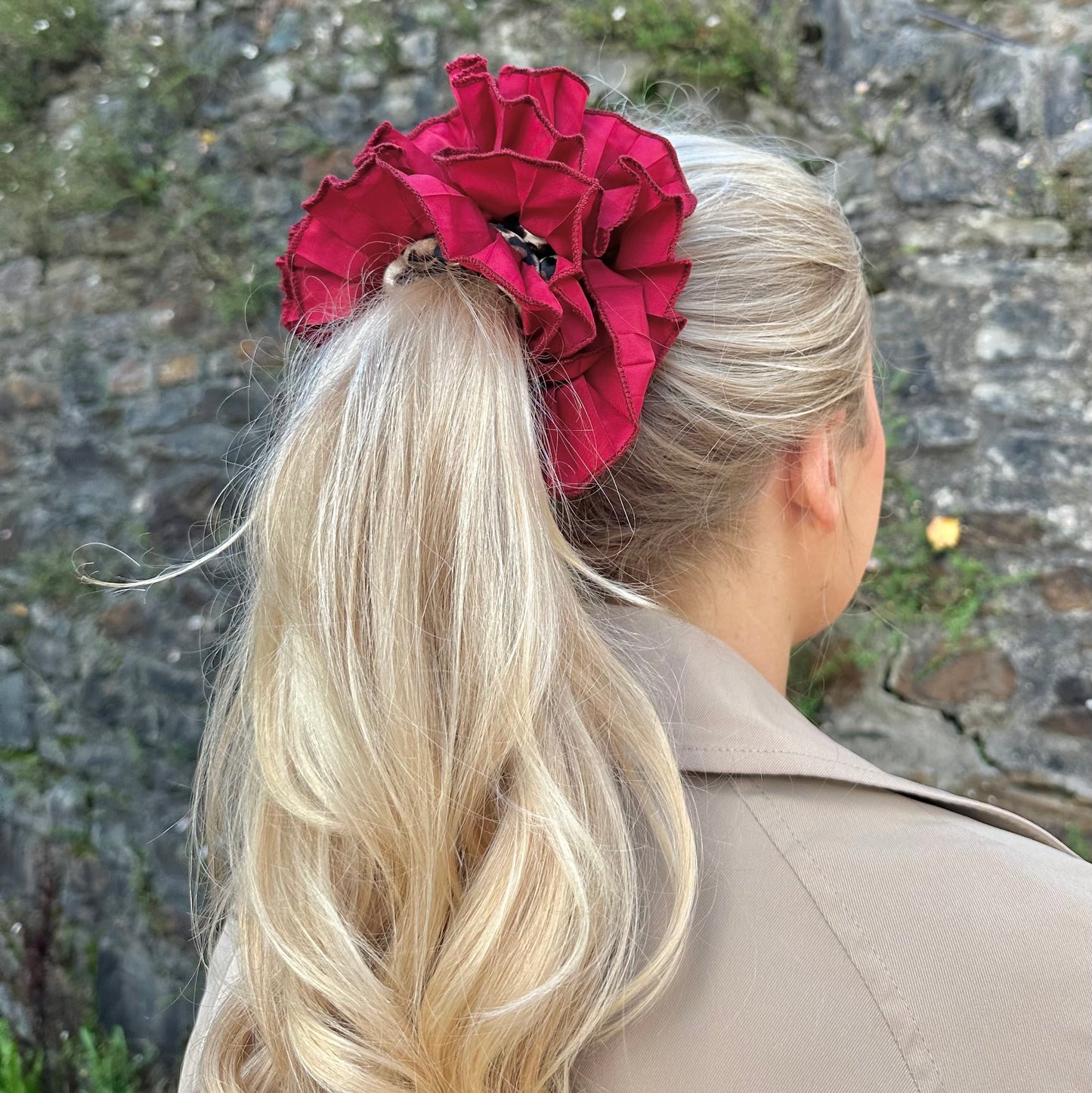 Frill Scrunchie In Leopard Print With Burgundy Trim