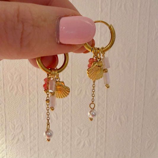 Seashell Pink Beaded Drop Charm Earrings
