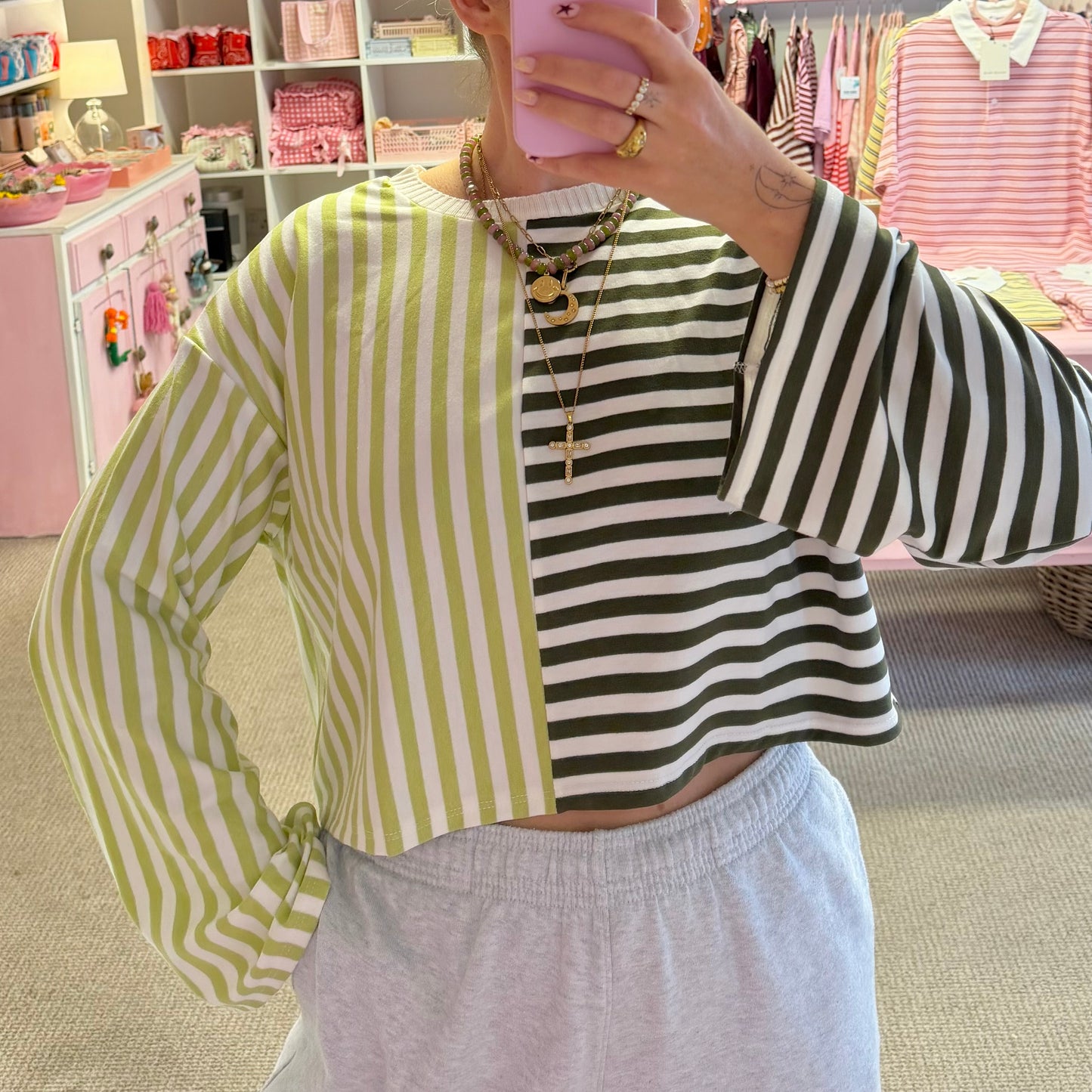 Two-Tone Green Stripe Cropped T-Shirt