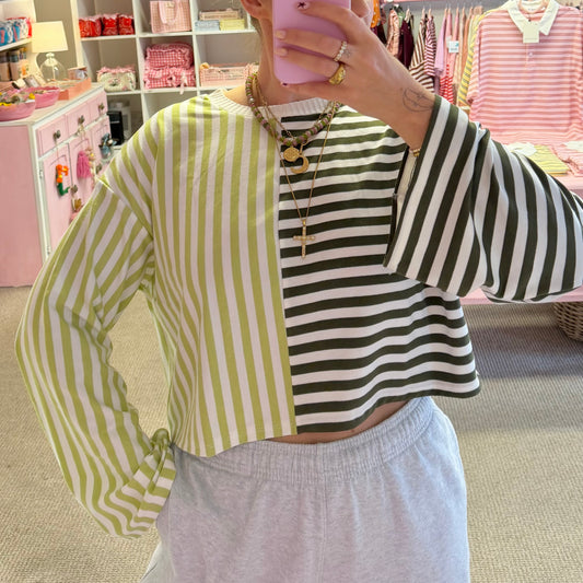 Two-Tone Green Stripe Cropped T-Shirt
