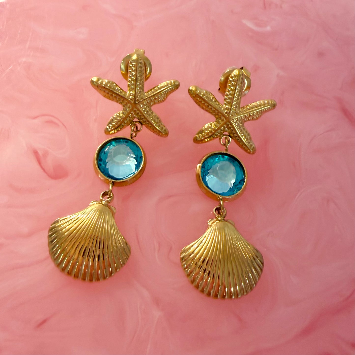 Gold Starfish & Aqua Blue Crystal Shell Earrings