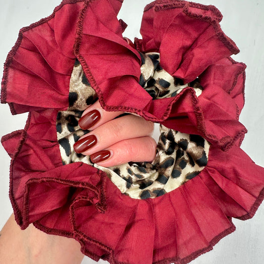 Frill Scrunchie In Leopard Print With Burgundy Trim