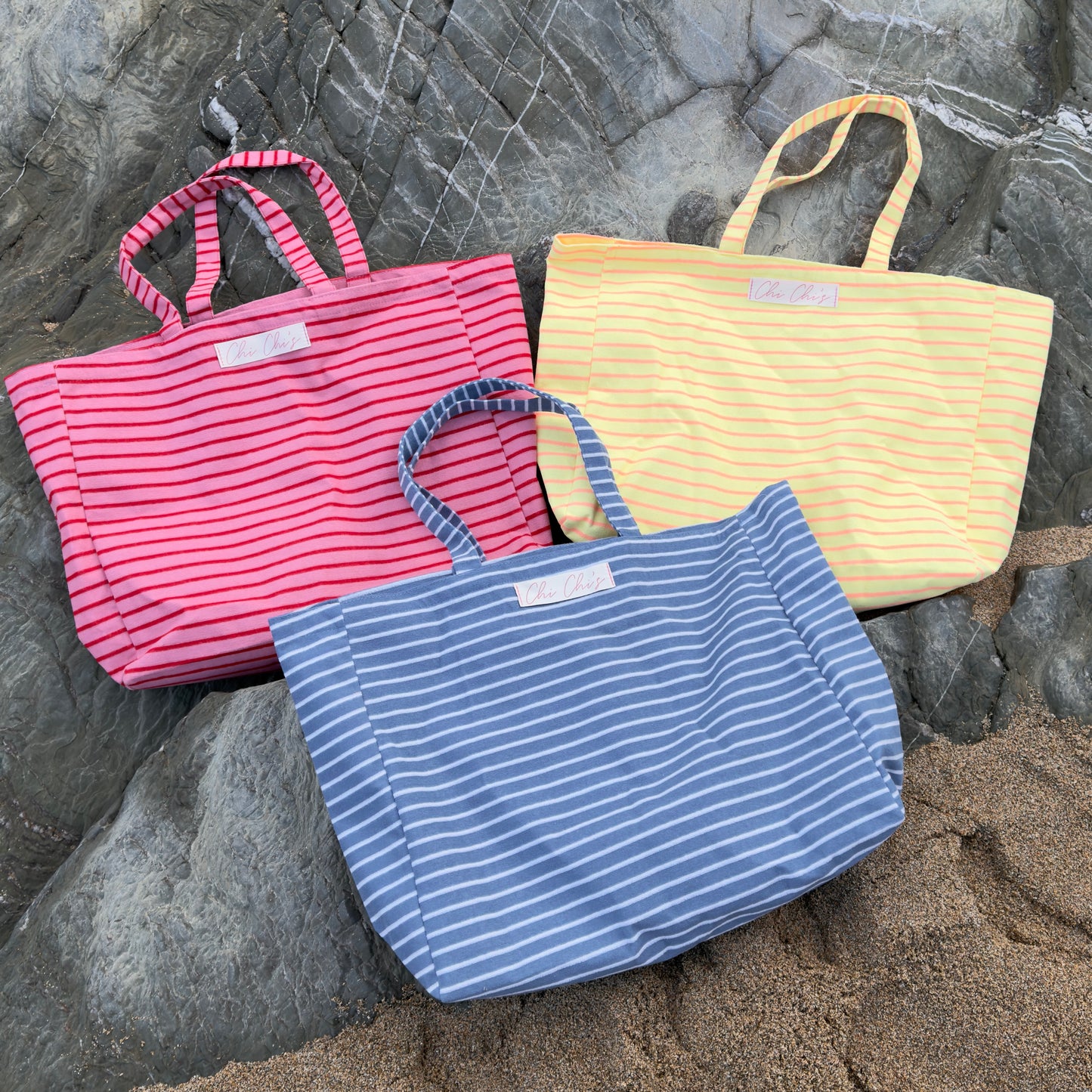 Chi Chi's' Red & Pink Stripe Terry Cloth Large Tote Bag ❤️