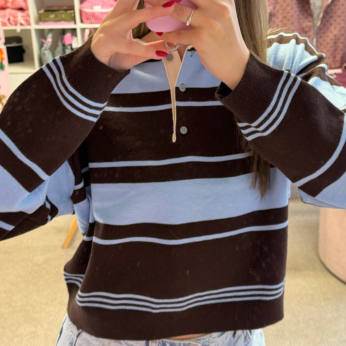 Brown & Blue Cropped Polo Fit Jumper