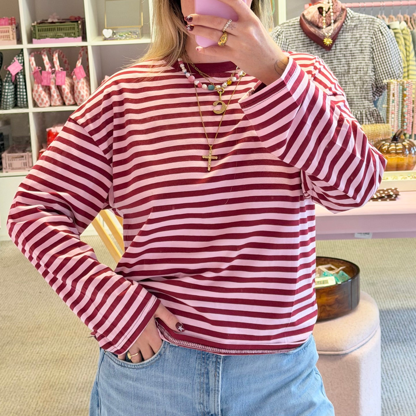 Burgundy & Pink Stripe Long Sleeve T-Shirt