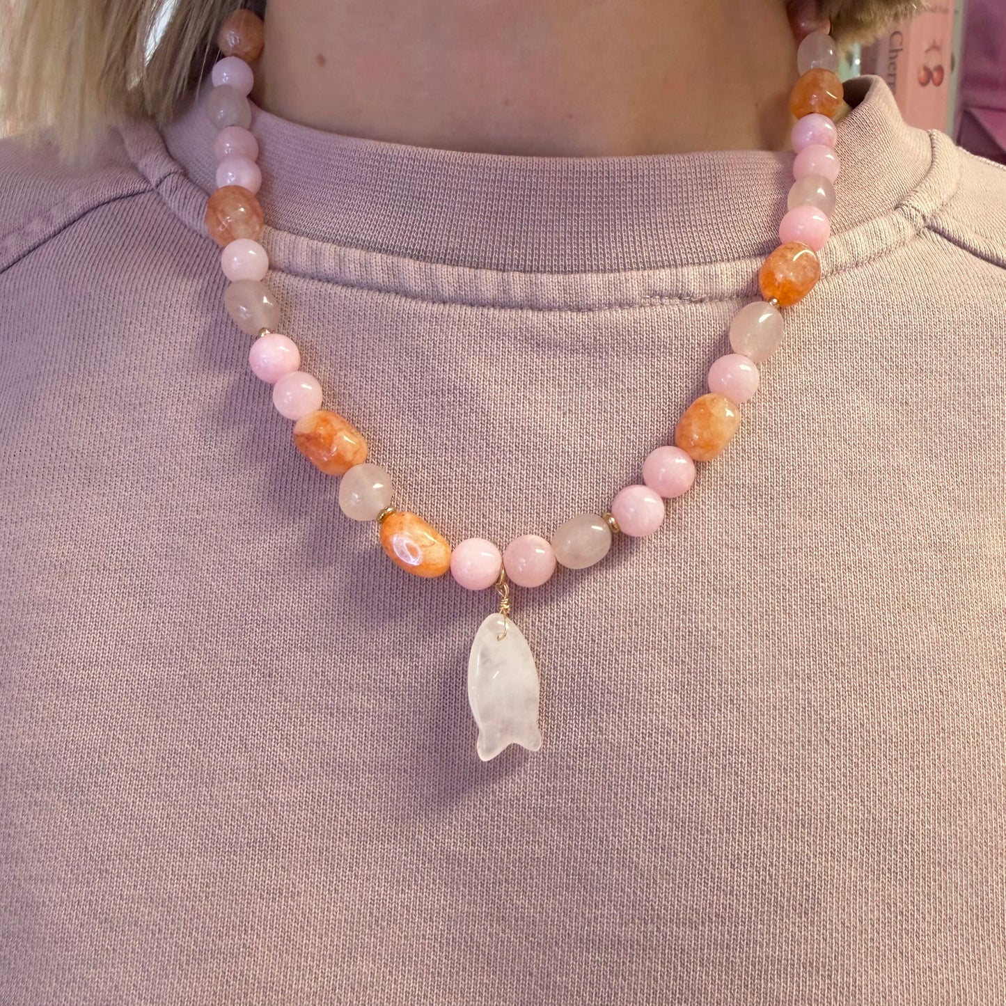 🧡 Orange & Pink Beaded Necklace With Fish