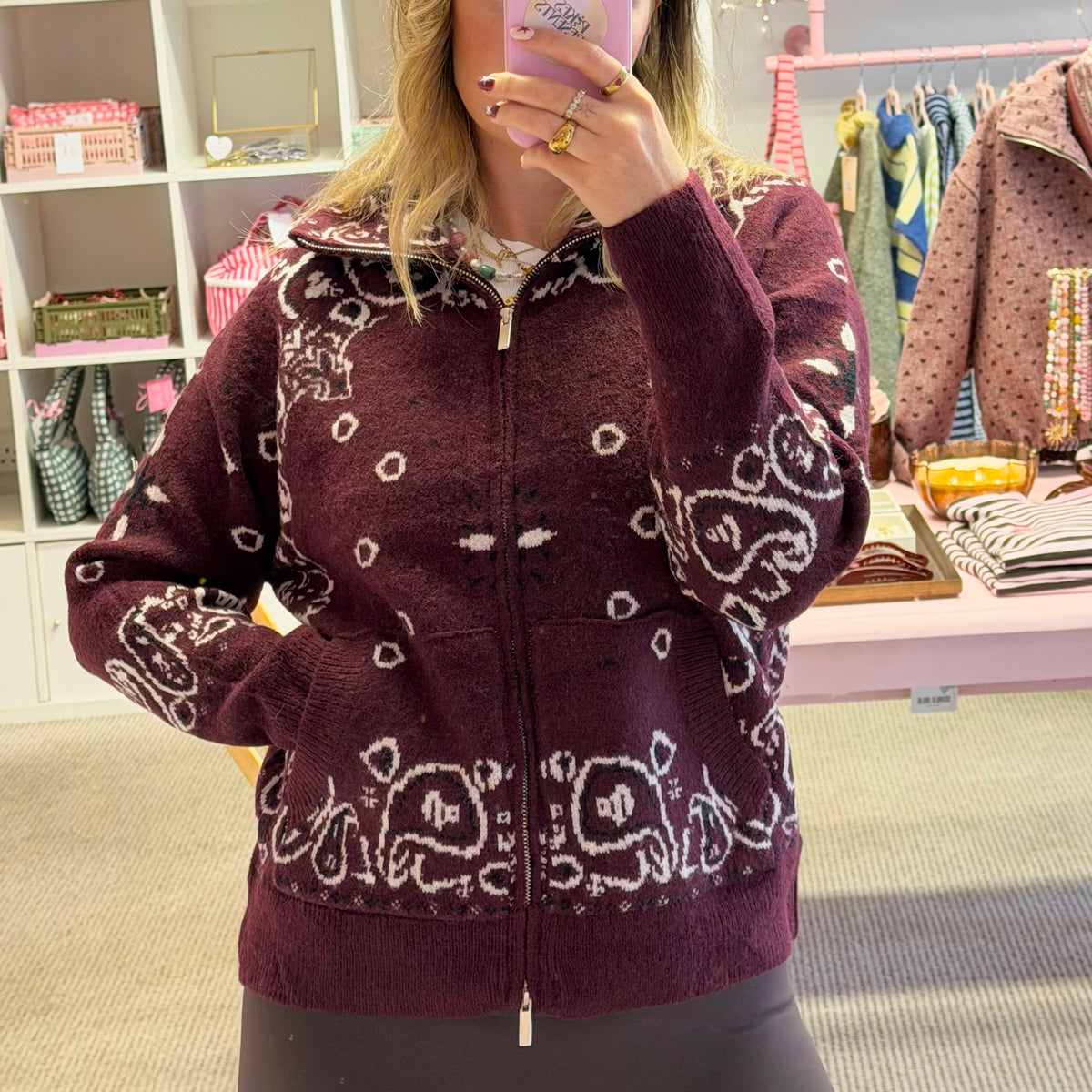 Burgundy Paisley Bandana Print Zip Up Cardigan
