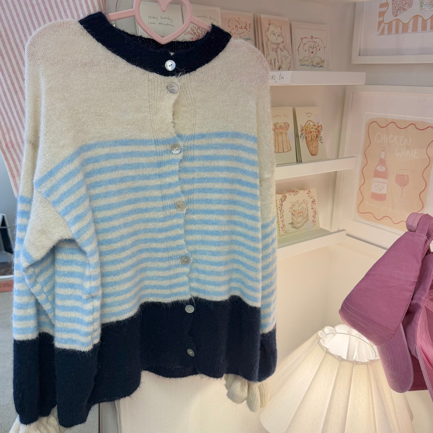 Blue & Beige Stripe Cardigan With Frilly Sleeves