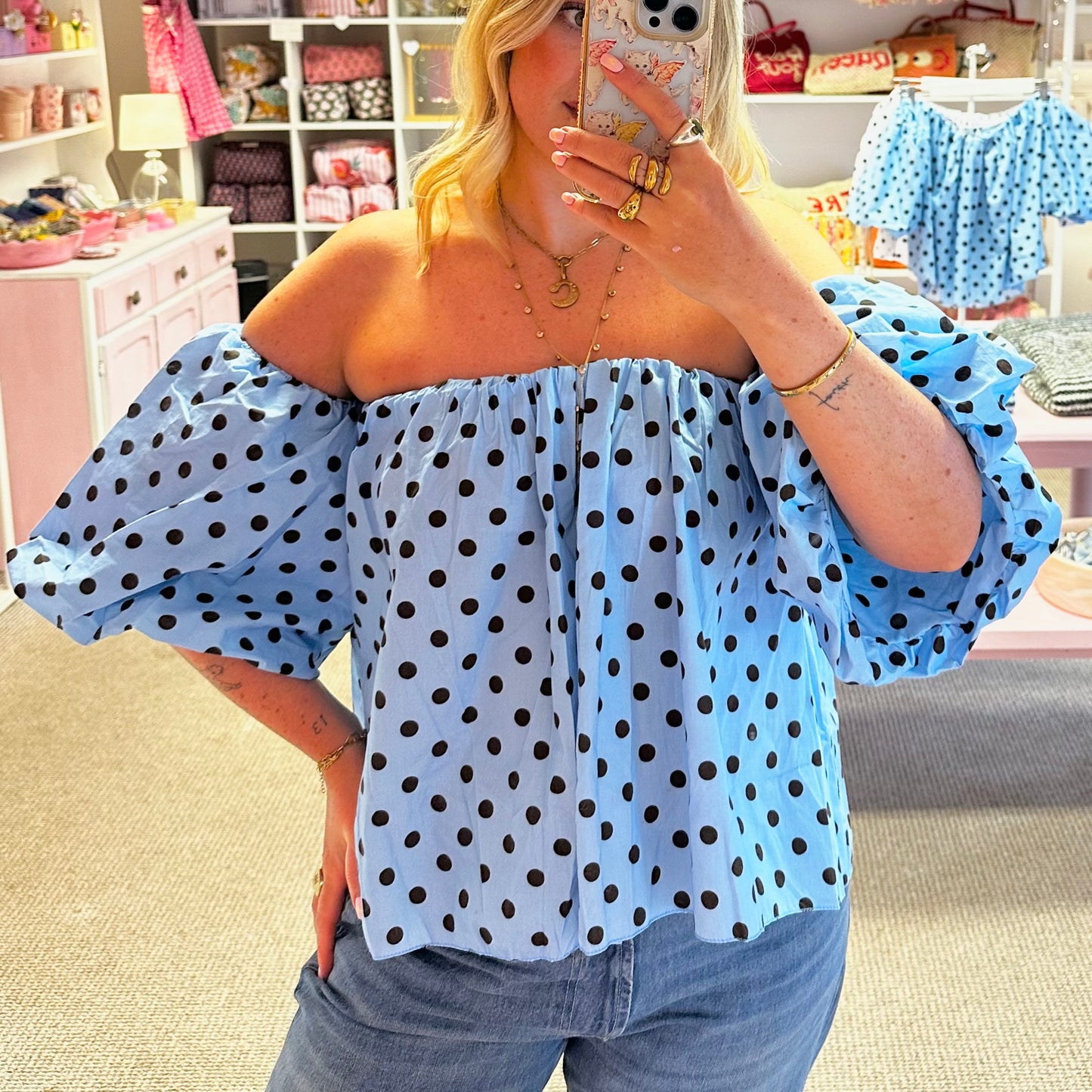 Blue Polka Dot Off The Shoulder Blouse