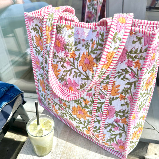 🩷COMING BACK SOON🩷 Pink & Green Floral Quilted Cotton Tote Bag