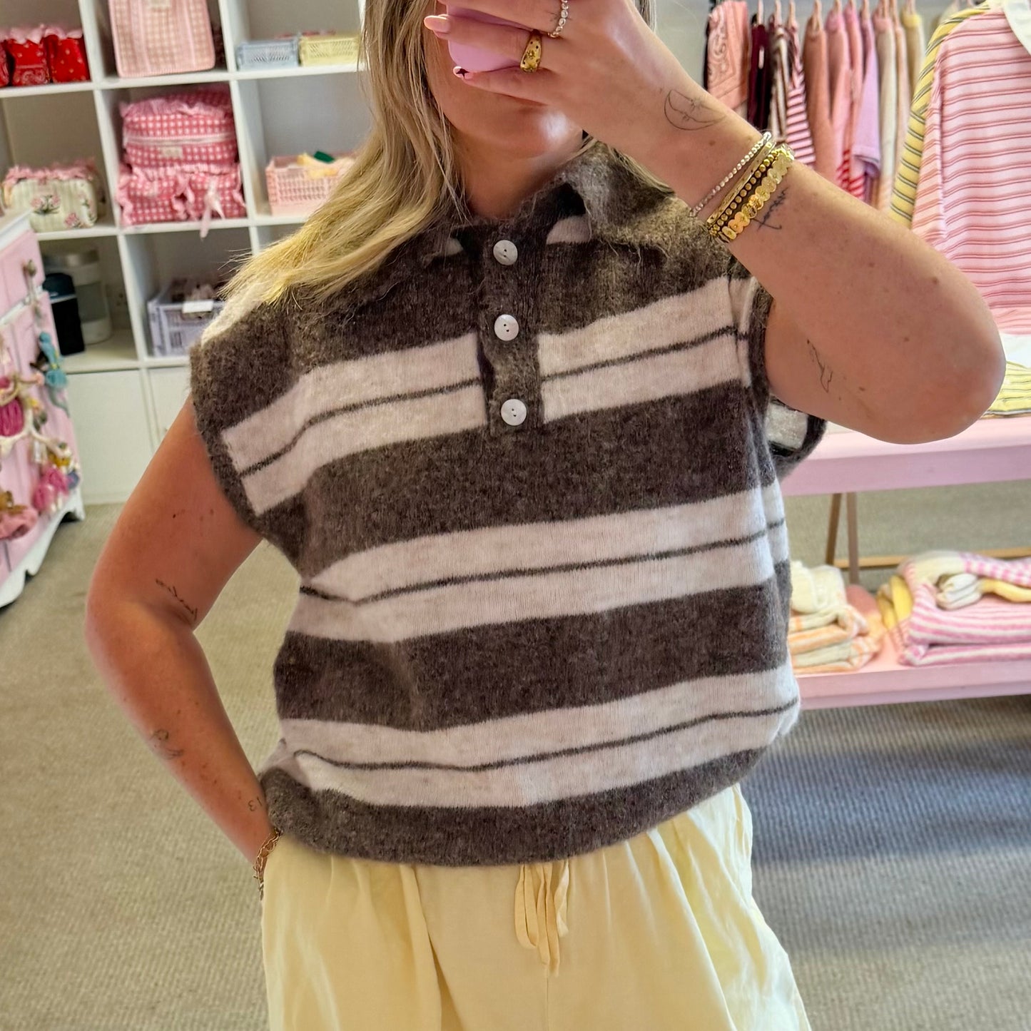 Brown & Cream Knitted Stripe Collared Button Vest Top