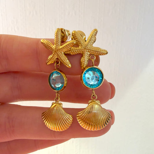 Gold Starfish & Aqua Blue Crystal Shell Earrings