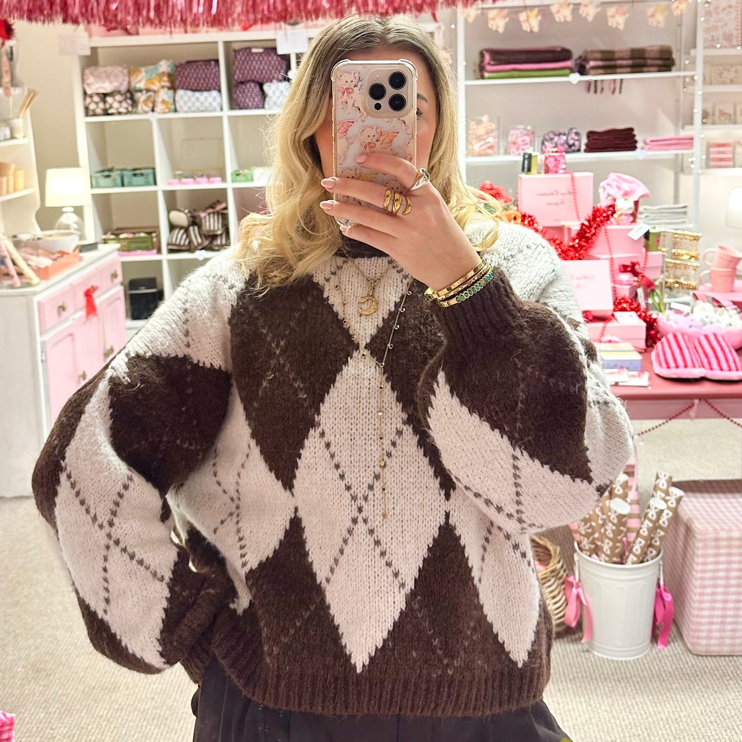 Argyle Pattern Chunky Knit Jumper In Brown & Cream