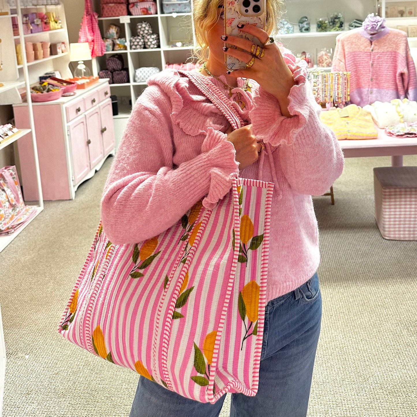 🍋💖 Large Pink & Lemon Print Tote Bag